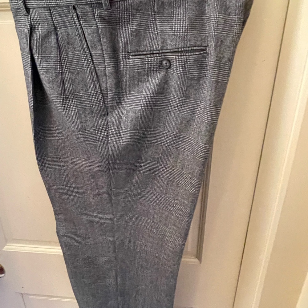 Men’s wool Glen Plaid (black&white) Pleated and Cuffed Slacks from Saks.